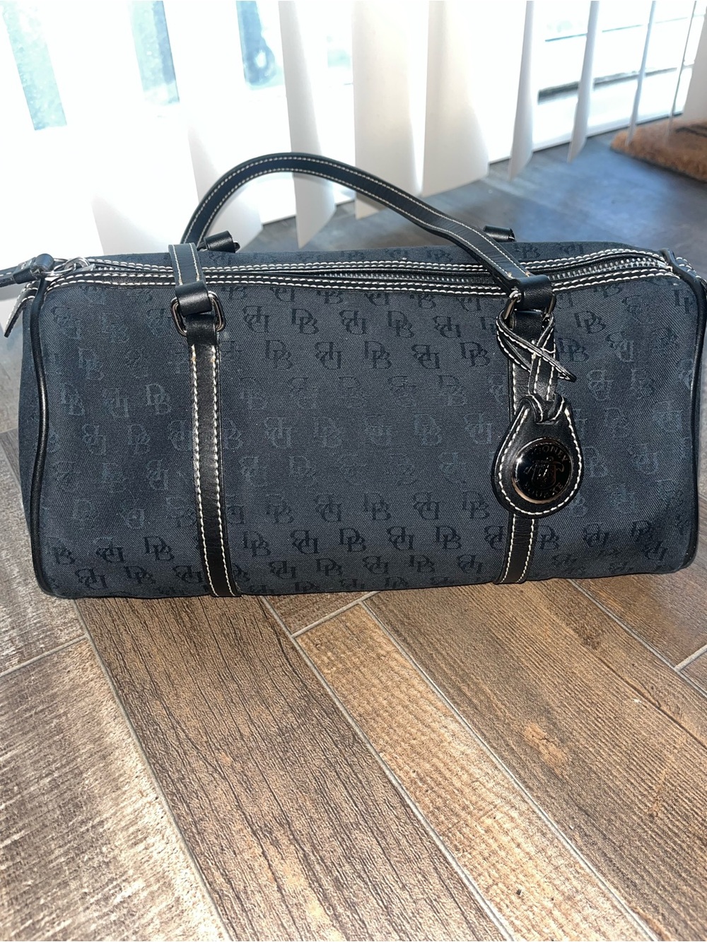 Dooney & Bourke Black Monogram Barrel Duffel with Leather Trim